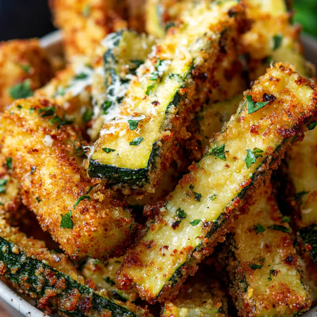 A bowl full of crispy fried zucchini pieces.