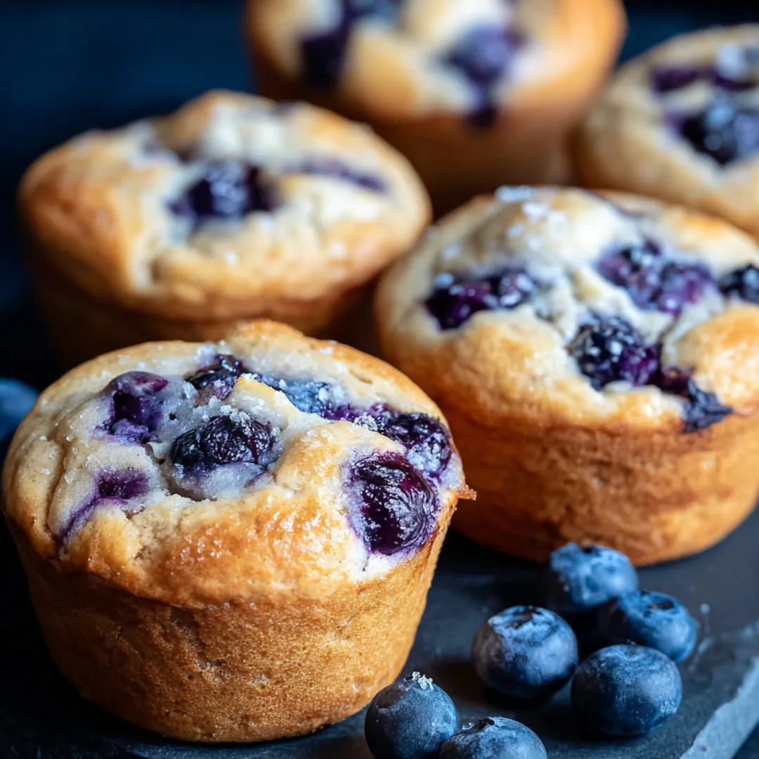 A stack of golden brown muffins topped with blueberries.