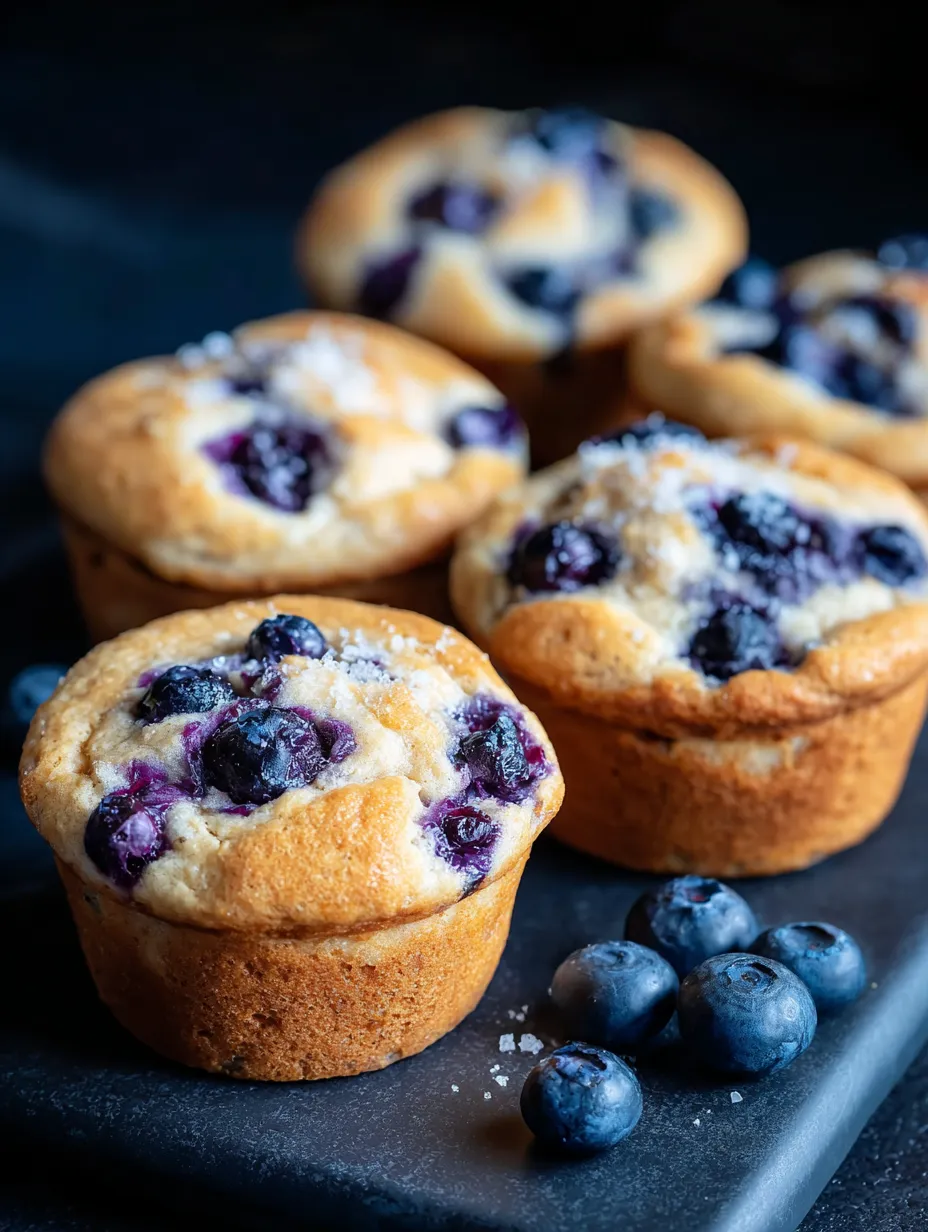 Muffins on a plate topped with fresh blueberries.
