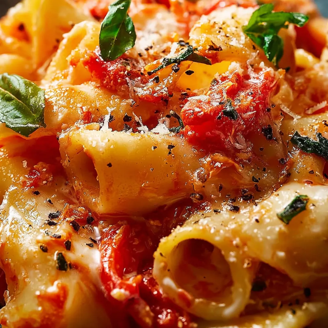 Big bowl of saucy pasta topped with melty cheese.