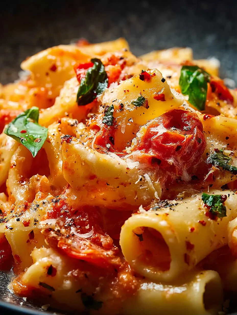 A plate loaded with cheesy tomato pasta.