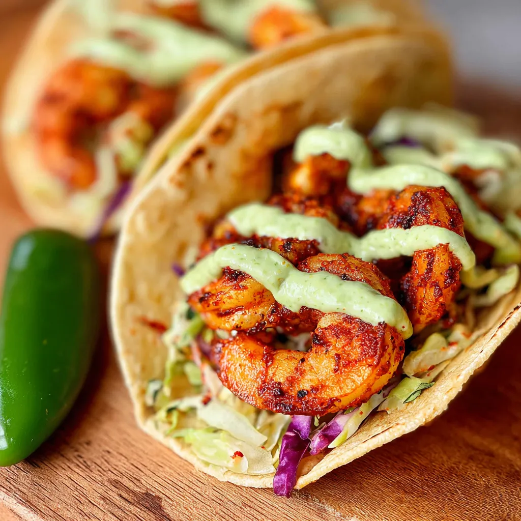 Shrimp tacos topped with green crema, ready to eat.