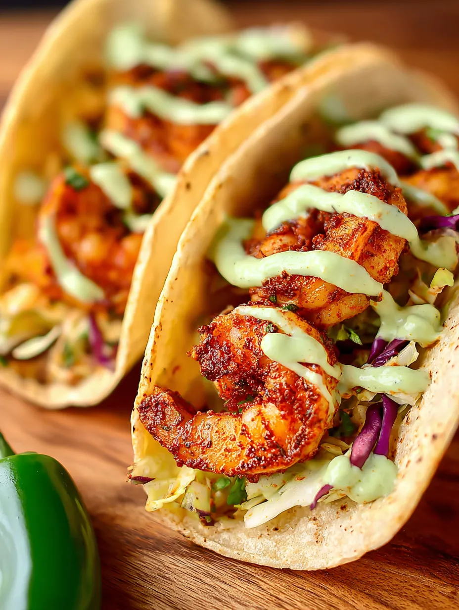 Two tacos stuffed with shrimp and creamy sauce.