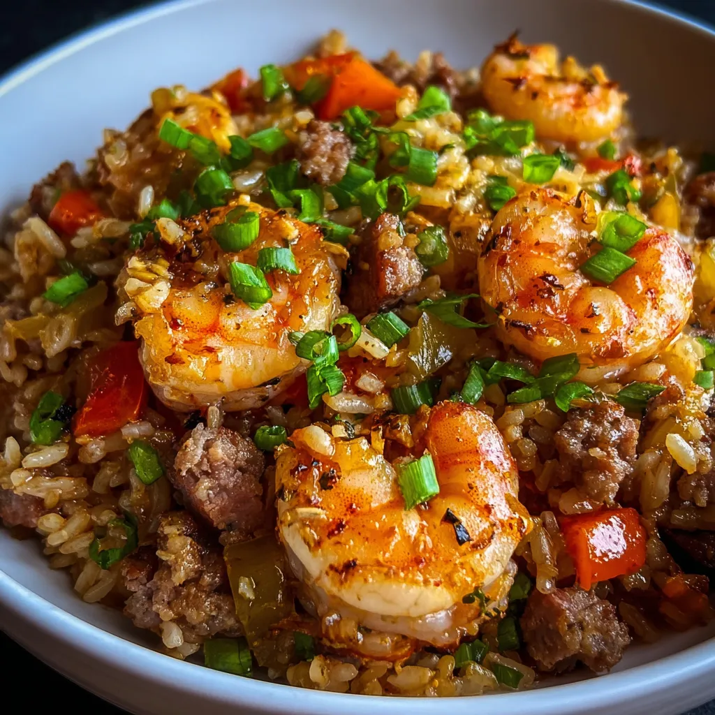Steaming bowl loaded with shrimp, veggies, and rice.
