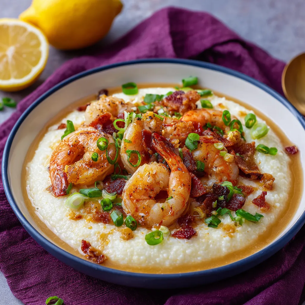 Shrimp and grits in a bowl with a lemon wedge on the side.