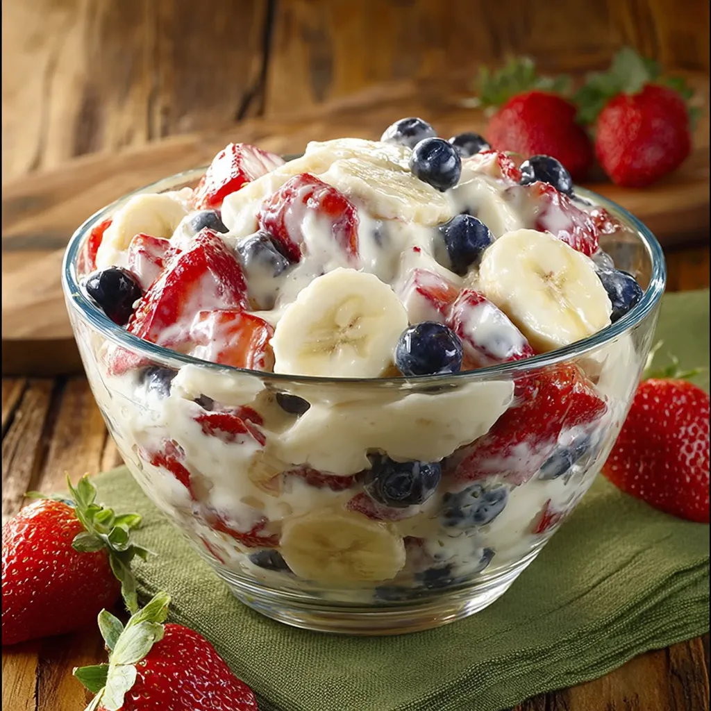 Bananas and strawberries mixed with blueberries in a serving bowl.