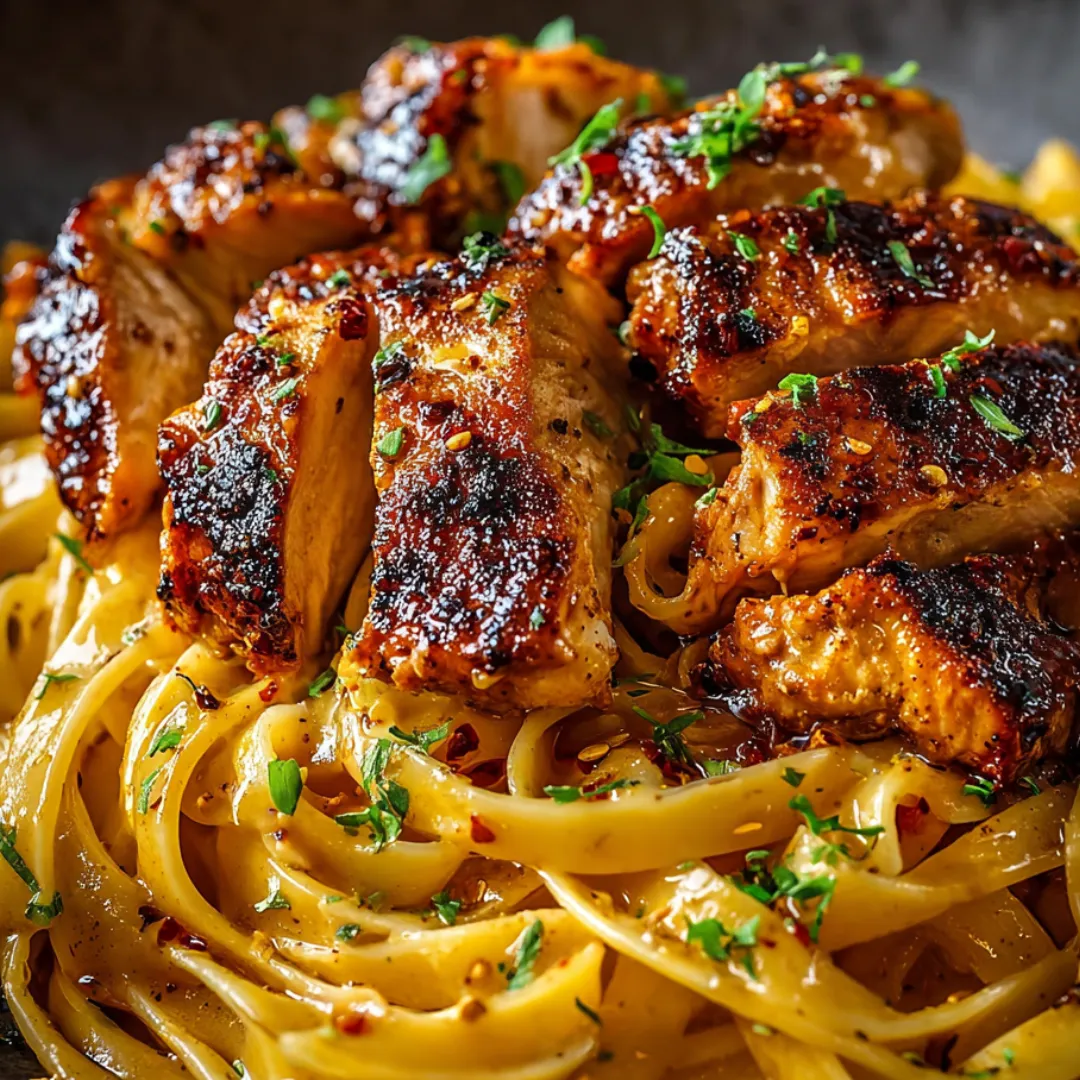 Chicken and creamy pasta served on a plate.