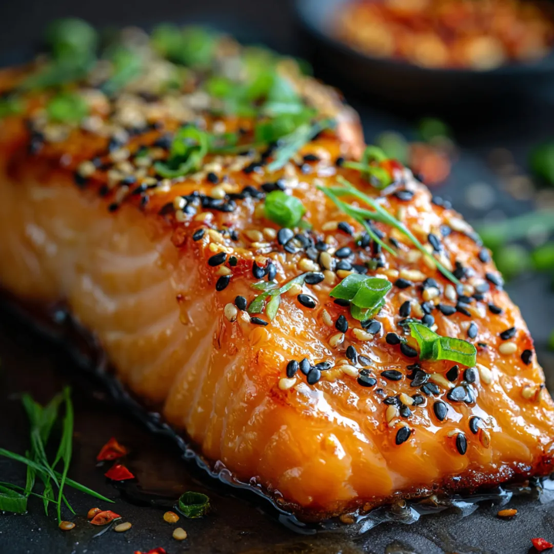 A fillet of salmon with some black sesame seeds sprinkled on top.