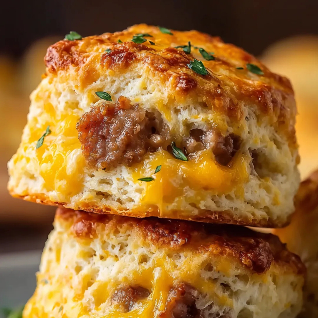 Two golden biscuits stacked with sausage and lots of cheese.