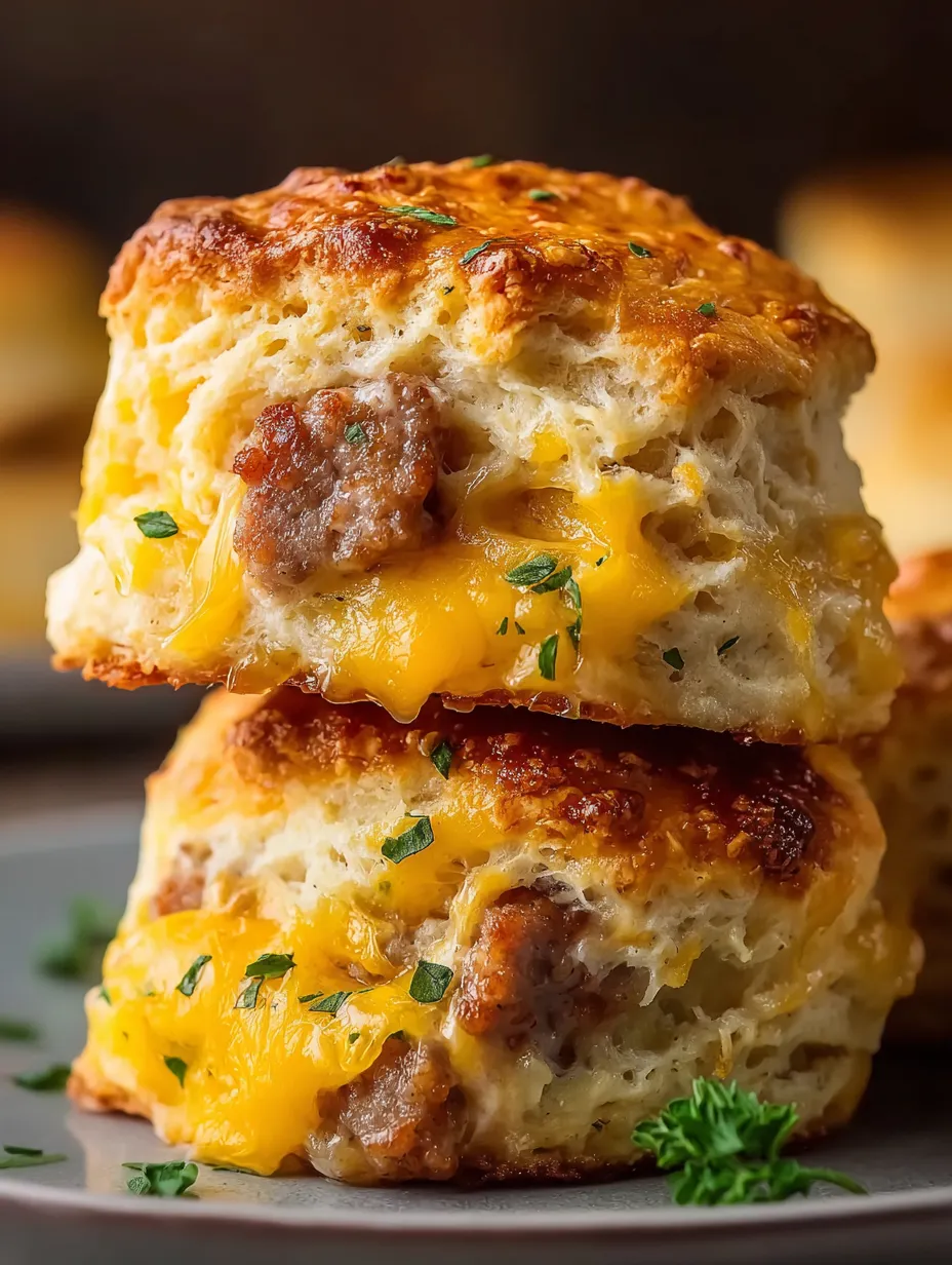 Three cheesy sausage biscuits.