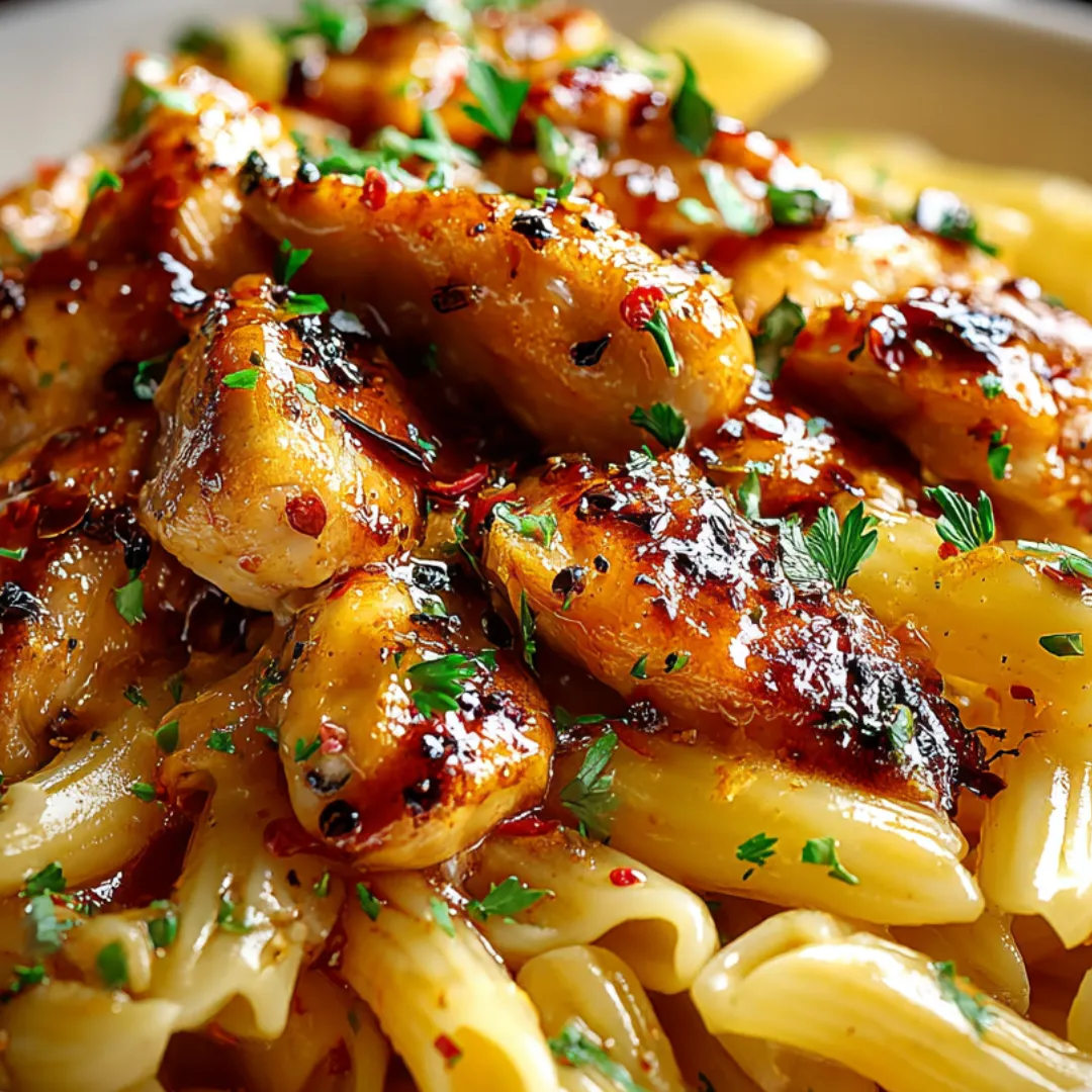 Pasta piled with chicken and veggies on a plate.