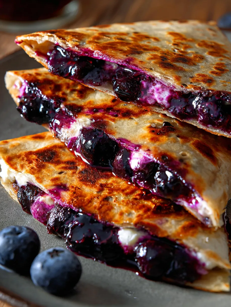 Blueberry pancakes stacked together.