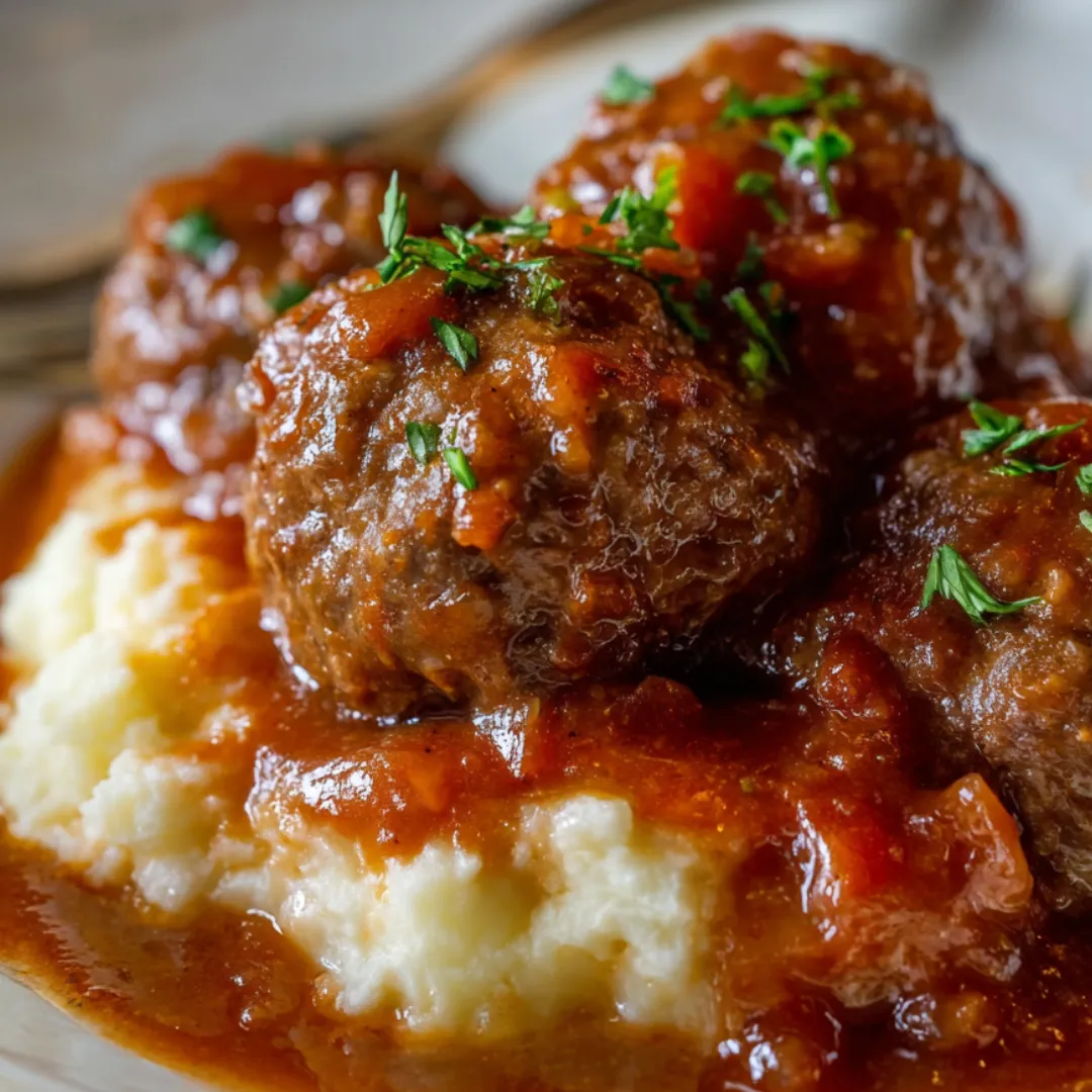 A plate piled with meatballs and mashed potatoes.
