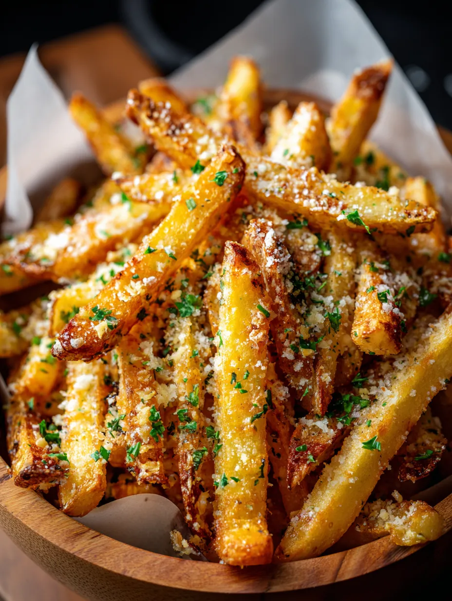 A bowl of cheesy, herby fries.