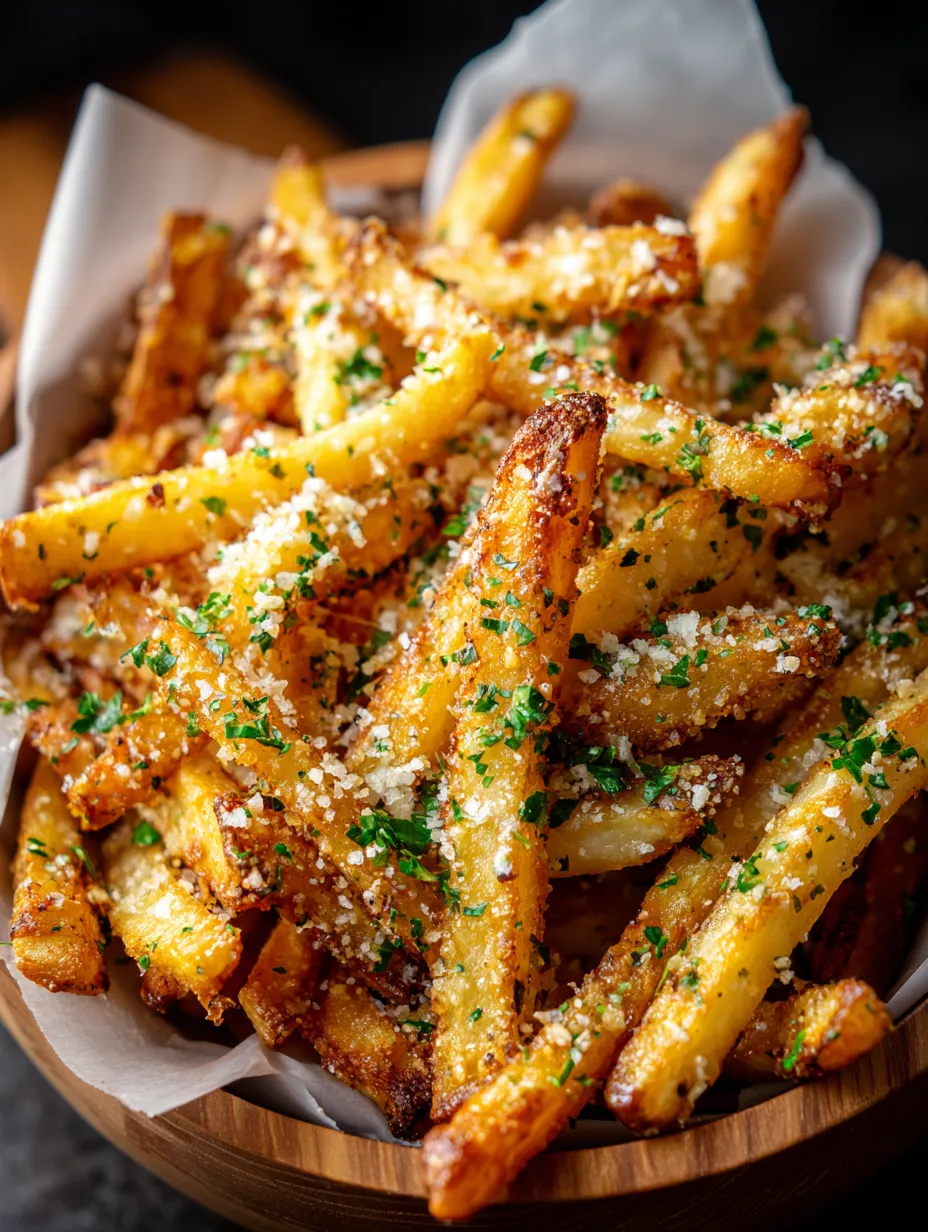 A bowl of fries topped with fresh parsley.
