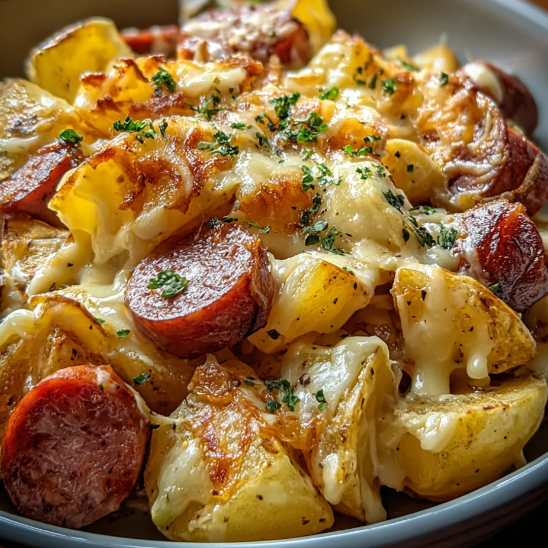 Sausage and potatoes in a bowl ready to eat.