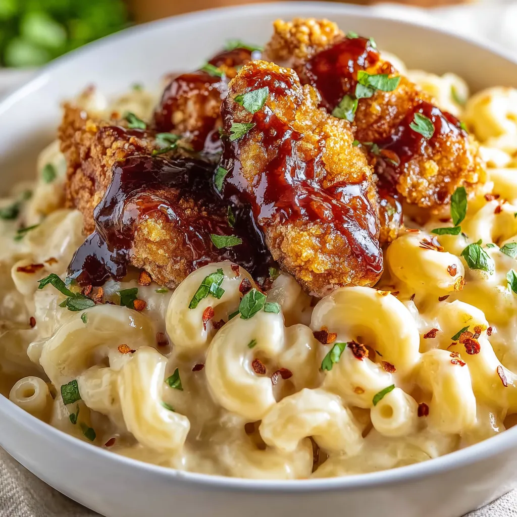 A pile of macaroni and chicken on a plate.
