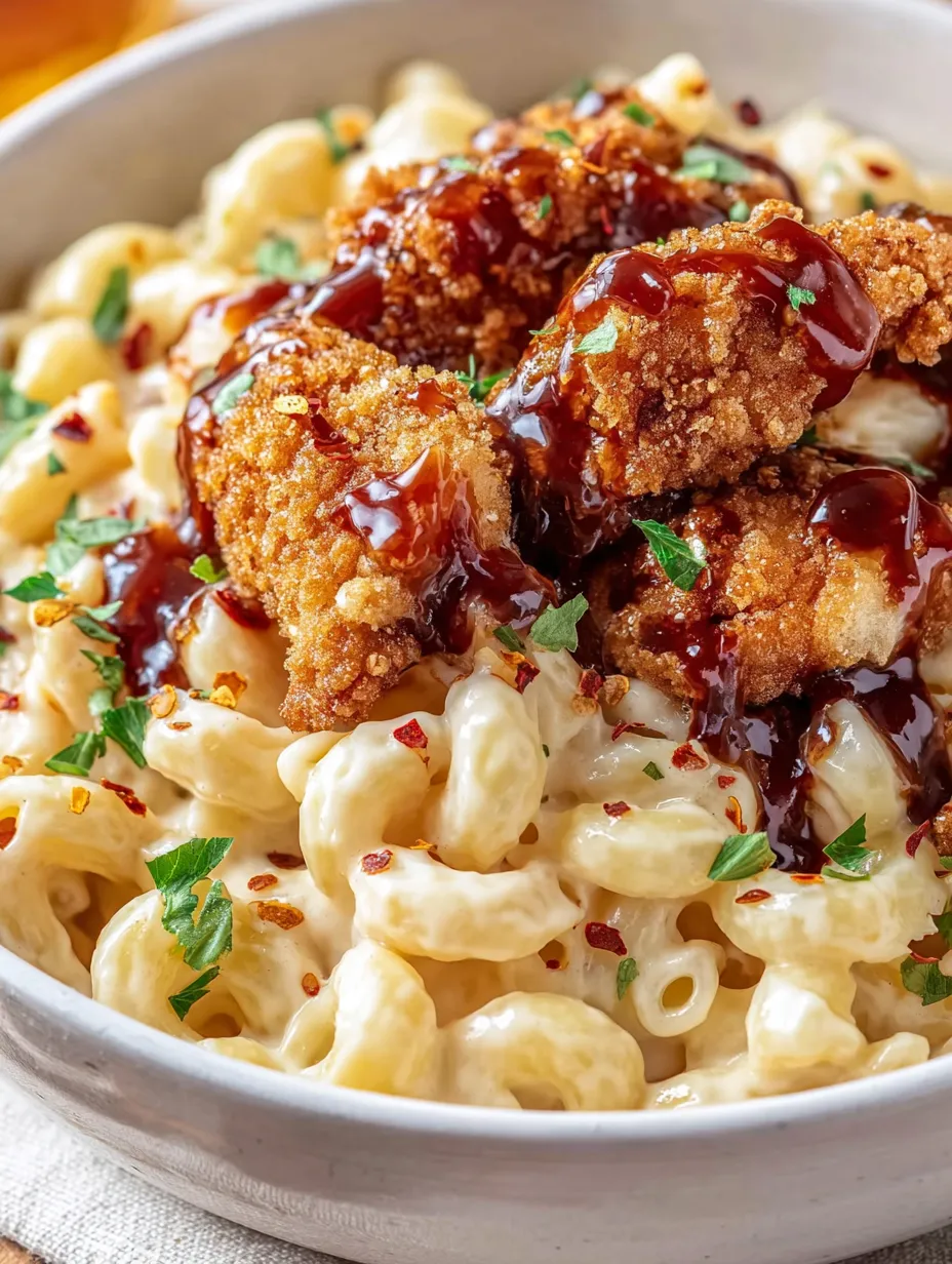 A bowl of macaroni with melty cheese, crispy chicken strips, and brown sweet-hot drizzle.
