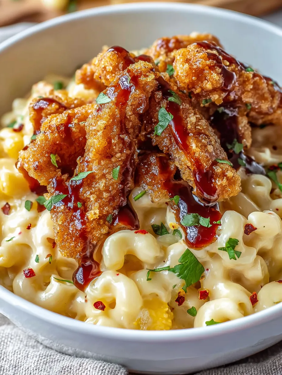 A bowl loaded with cheesy macaroni, crispy chicken, and gooey sauce.
