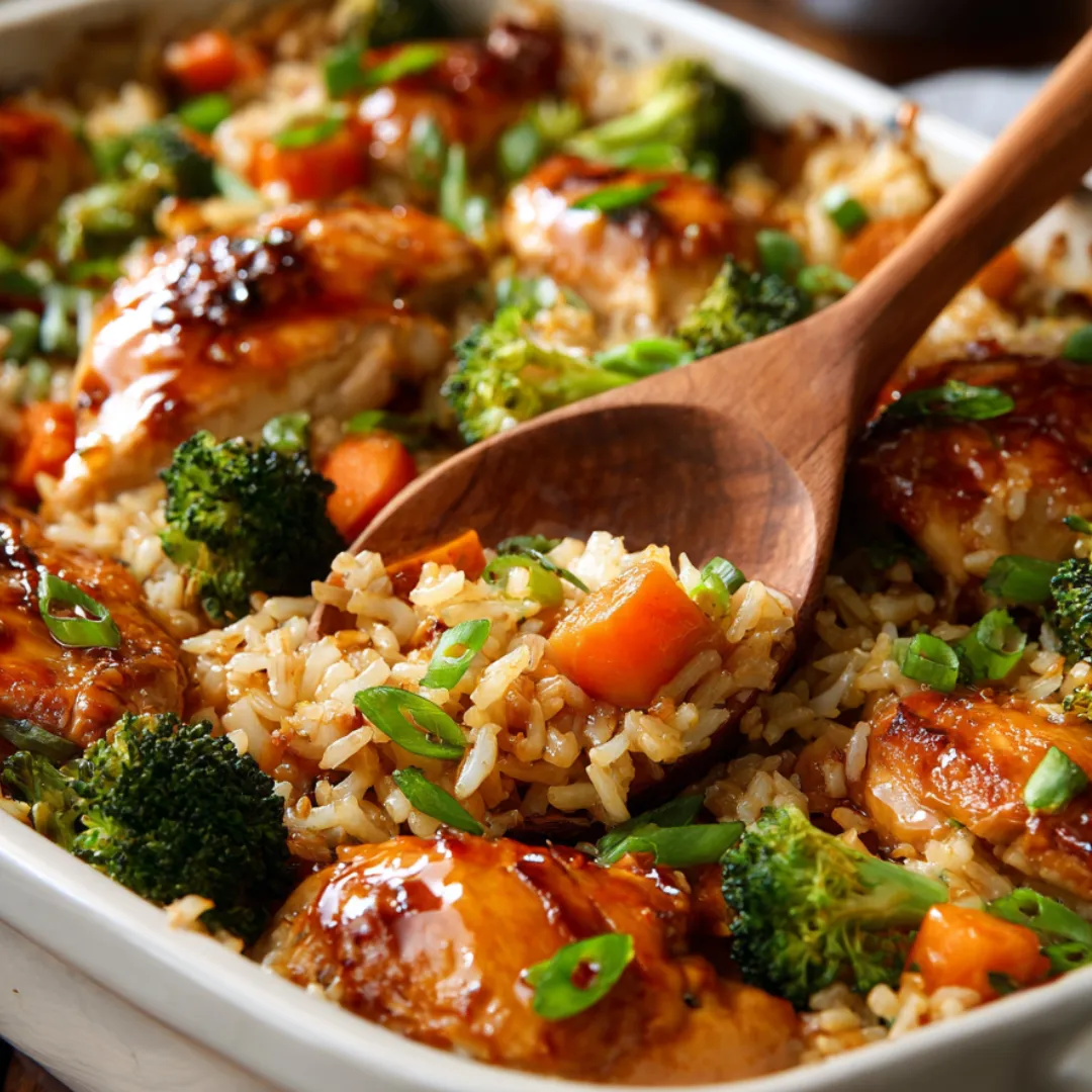 Big bowl full of chicken and rice with a wooden spoon sticking out.