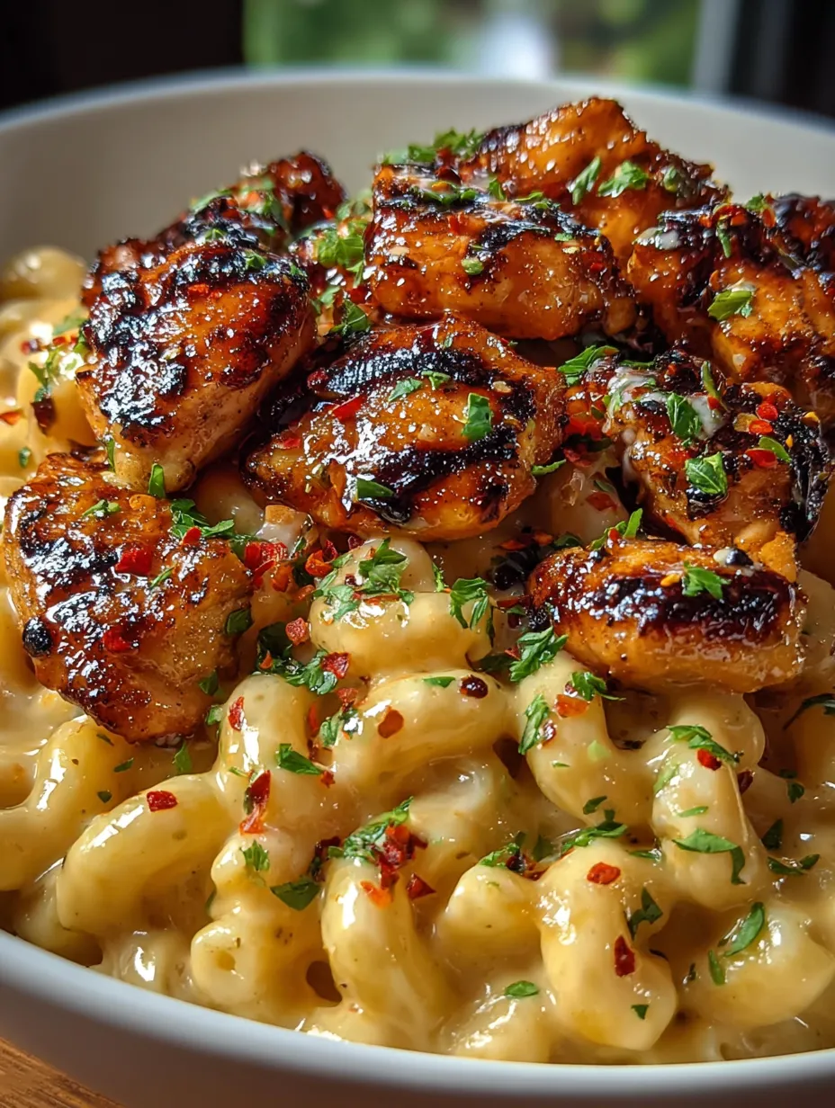 Dish stacked high with chicken and mac elbows drowning in cheese.