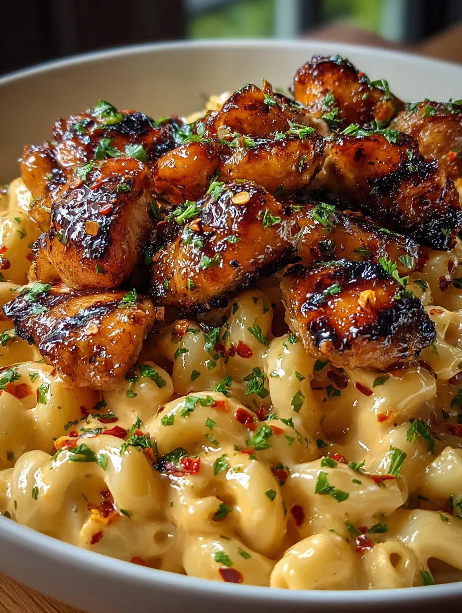 Mac and glossy chicken, ready to be devoured.