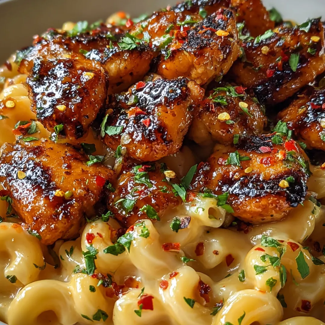 Plate piled with chicken, creamy cheesy macaroni, and some peppery bites.