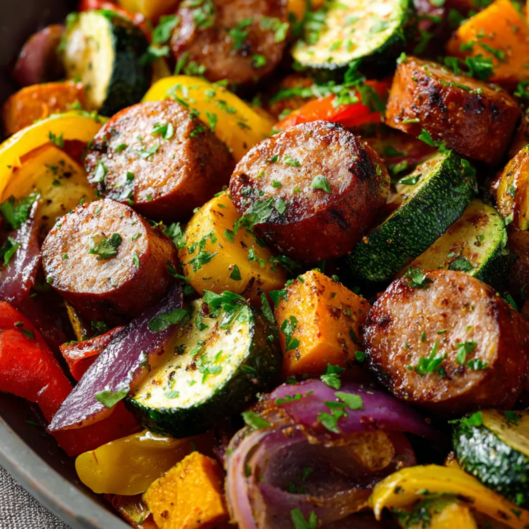 Sausage, zucchini, and peppers in a big bowl ready to eat.