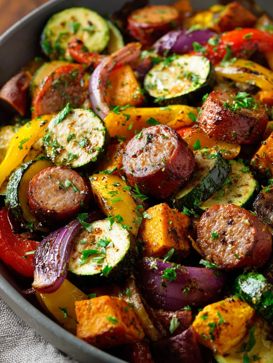 Sausage pieces, peppers, and onions in a bowl.