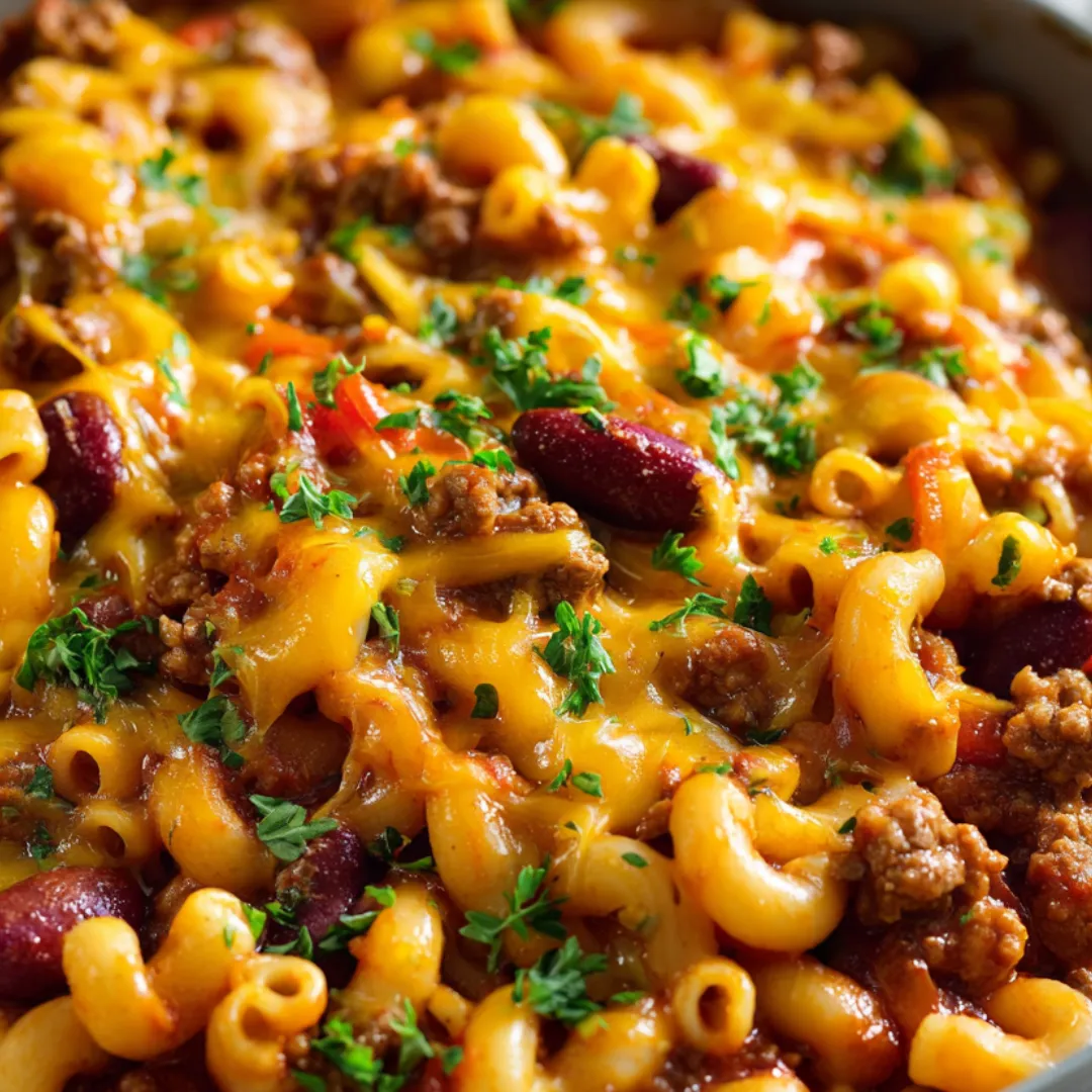 A bowl packed with cheesy pasta, ground beef, and veggies all mixed together.