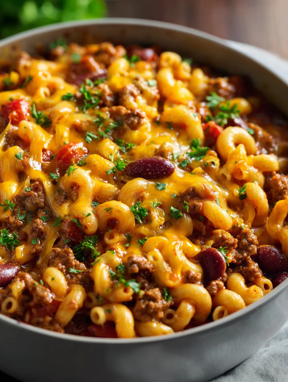 A big bowl packed with pasta, chili, and beans ready to eat.