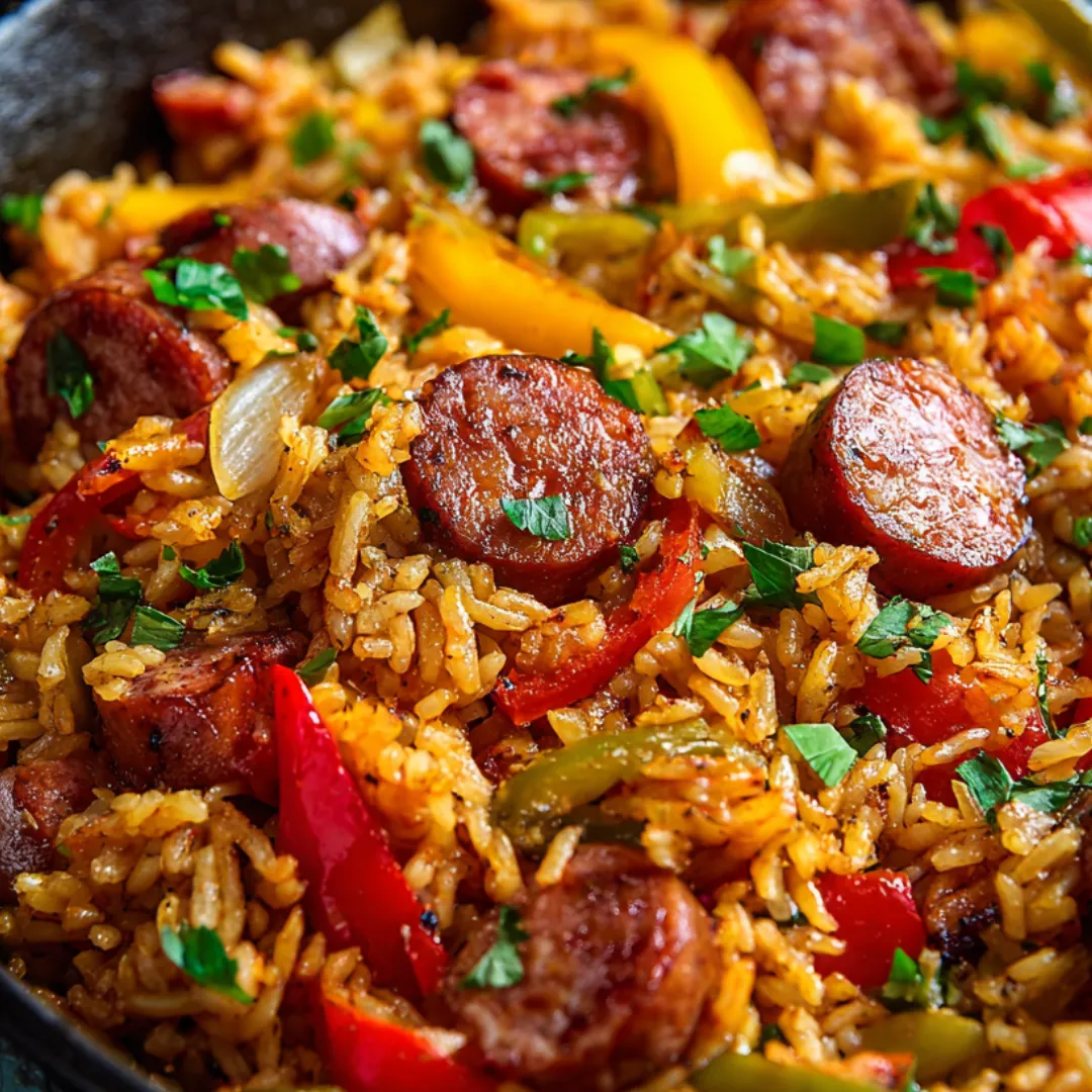 Hearty bowl full of rice, sausage, and peppers.