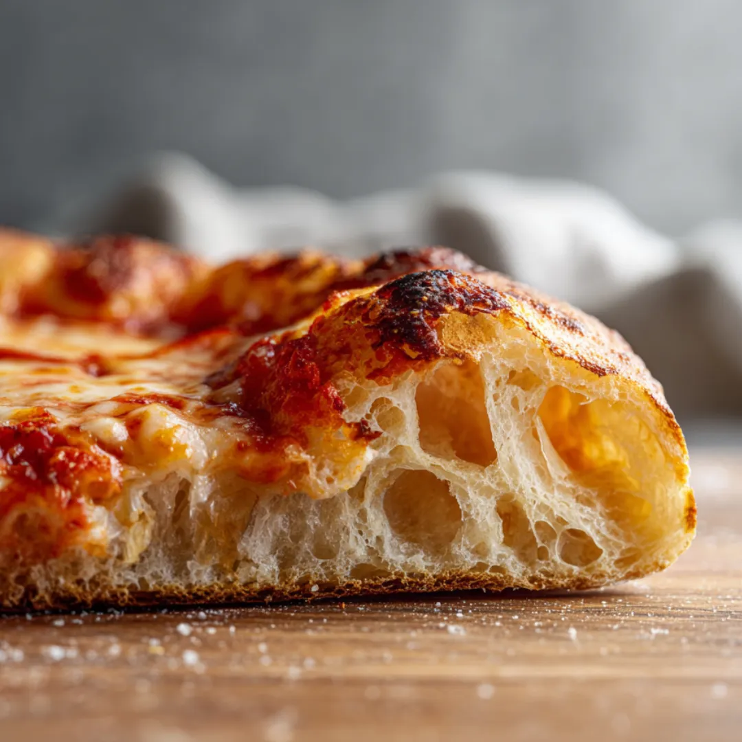 A slice of pizza chilling on a wooden table.