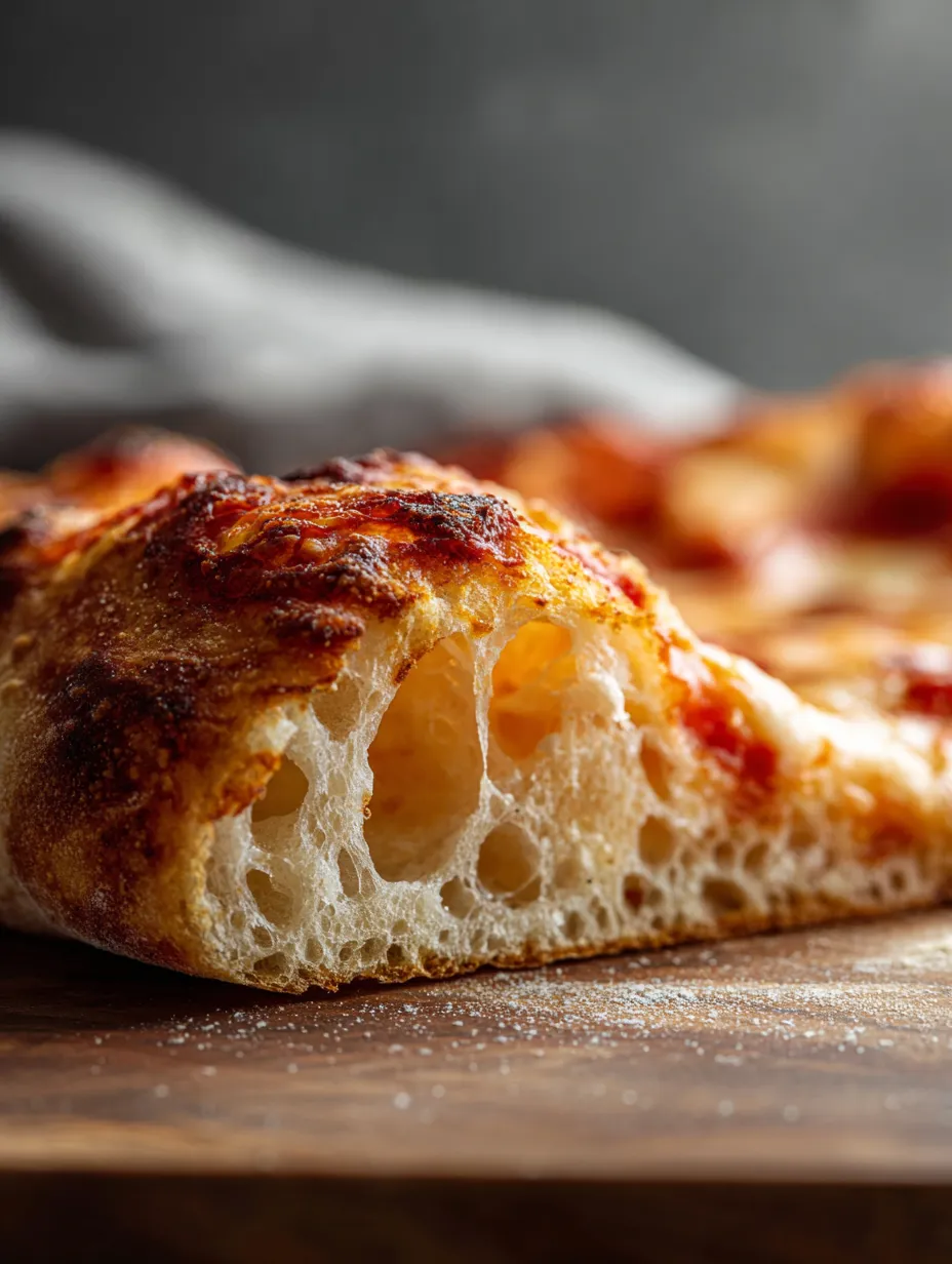 Slice of pizza with a bite gone sitting on a table.