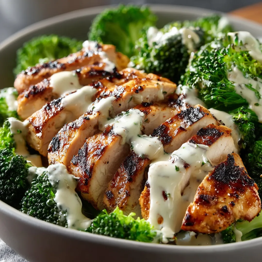 Broccoli and chicken pieces in a colorful bowl.