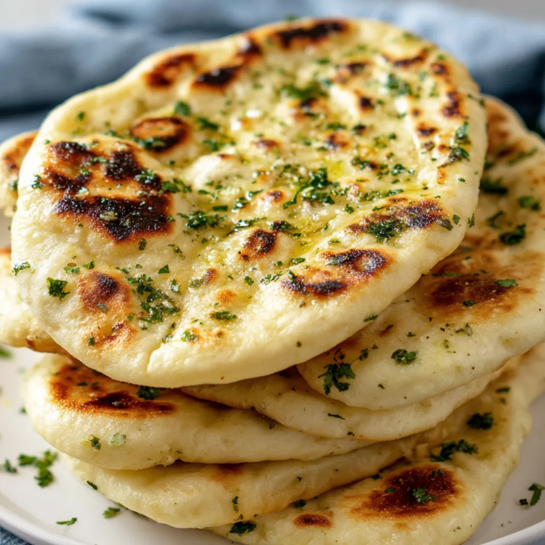 Stack of fluffy pita rounds topped with fresh herbs.