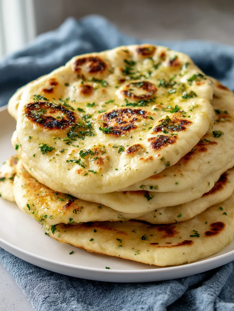 A tall pile of pita bread sprinkled with chopped herbs.
