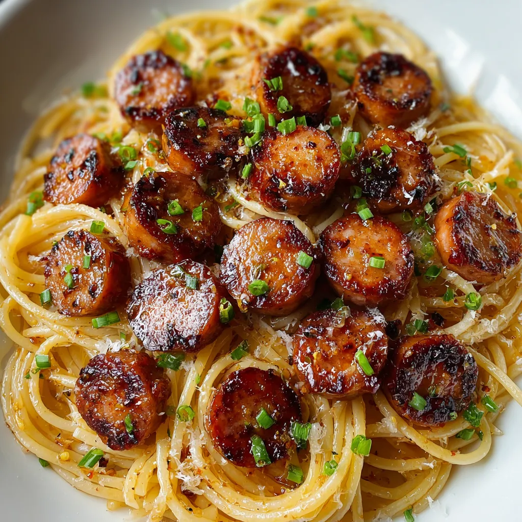 A heaping dish loaded with pasta, sausage slices, and chopped green onions sprinkled all over.