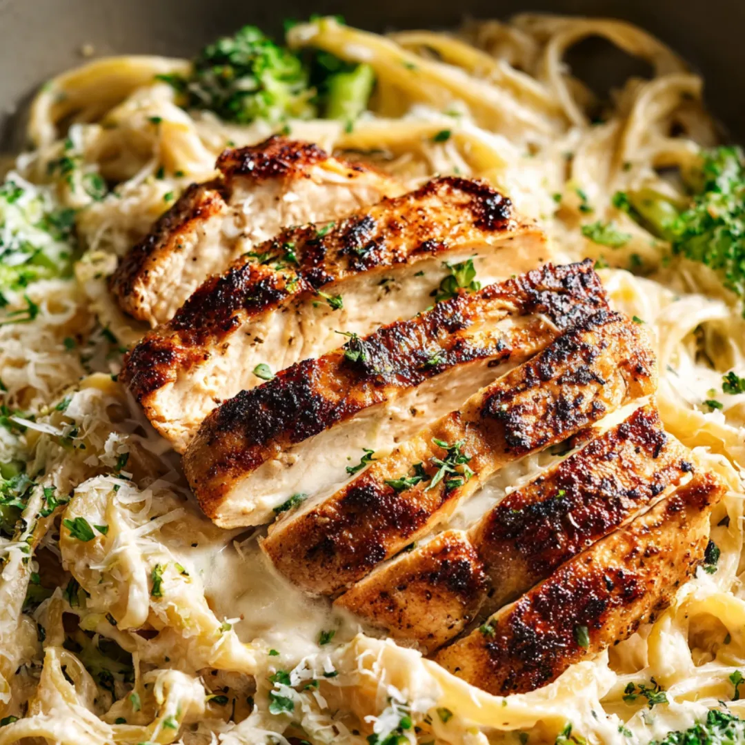 Pasta tossed with broccoli and chunks of chicken on a plate.