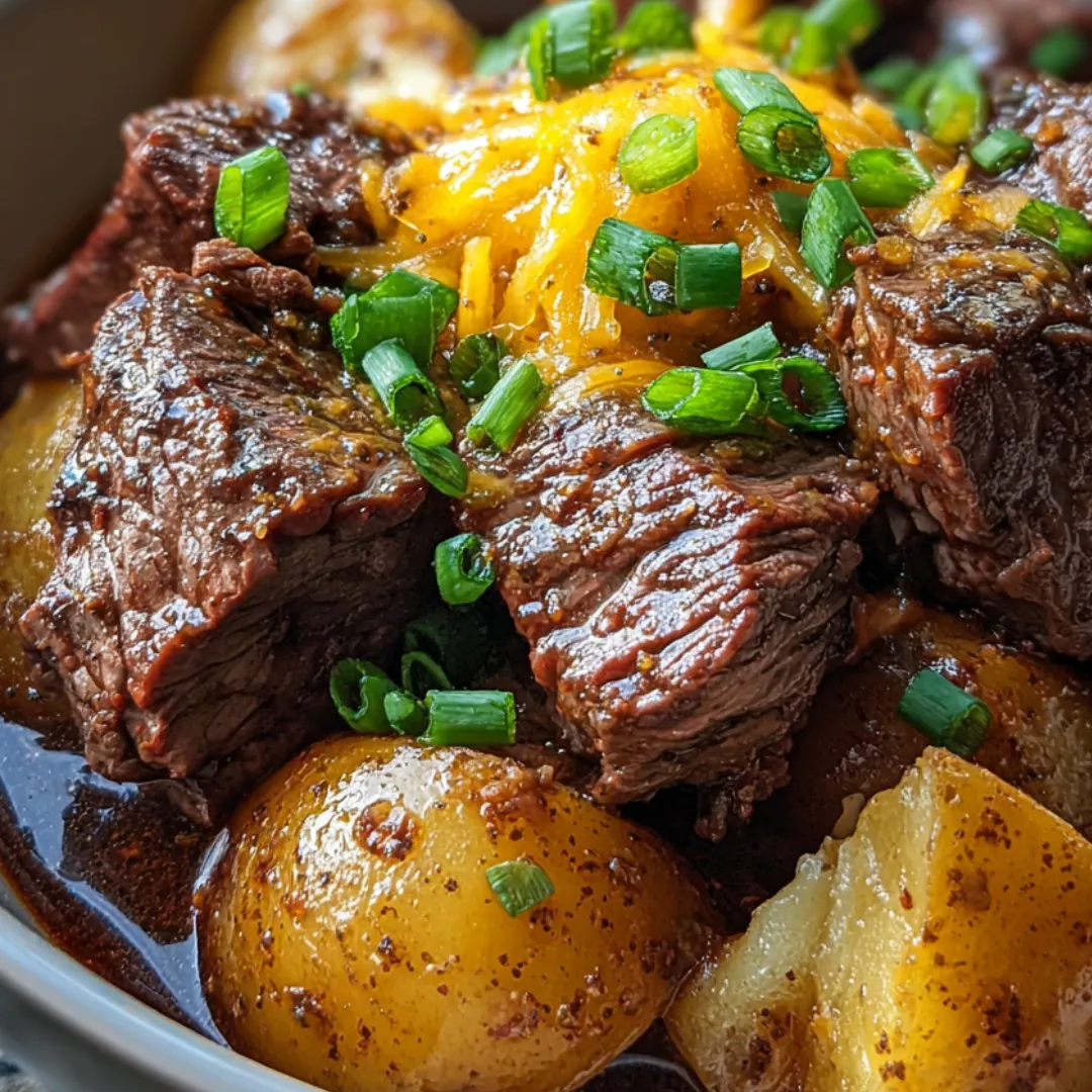 A bowl packed with savory beef and potatoes.