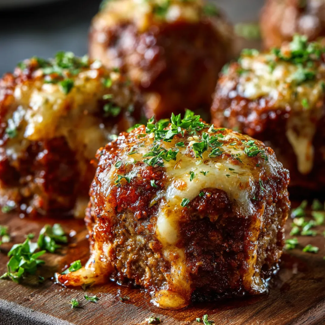 Cheesy meat bites and parsley on a wood cutting board.