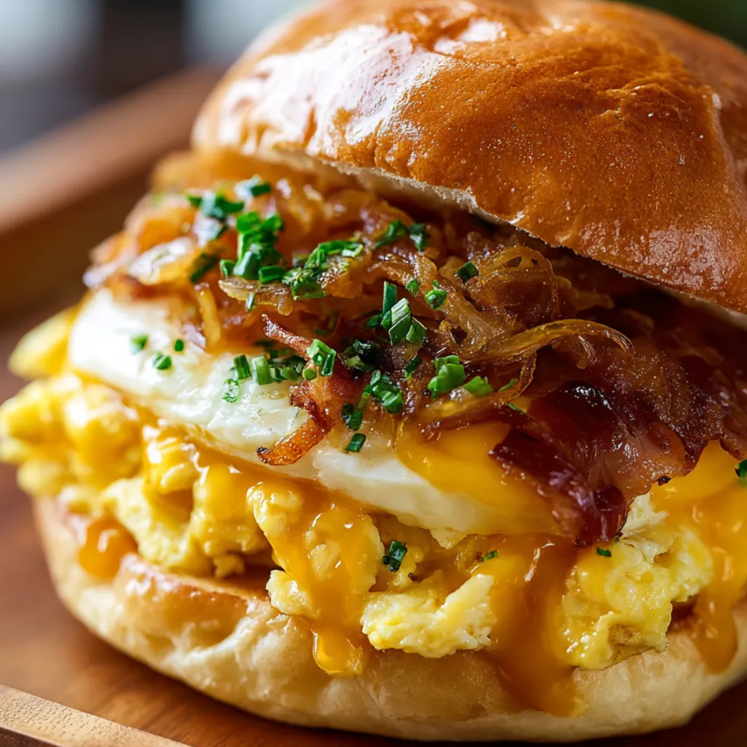 A sandwich overflowing with bacon and fluffy eggs.