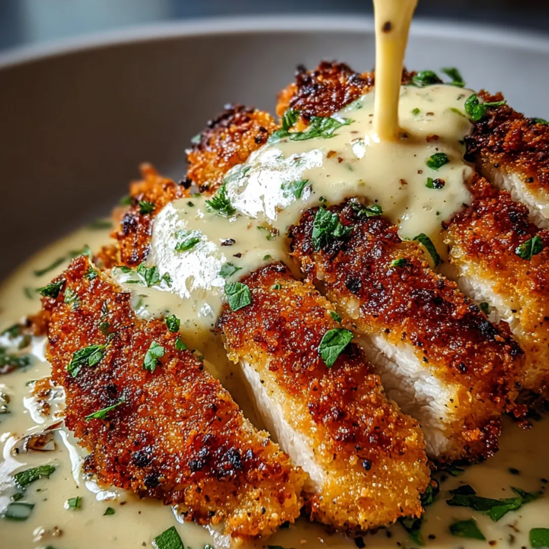 Chicken smothered in a creamy sauce.