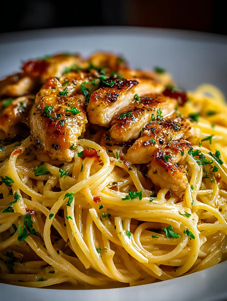 A plate filled with chicken spaghetti topped with herbs.