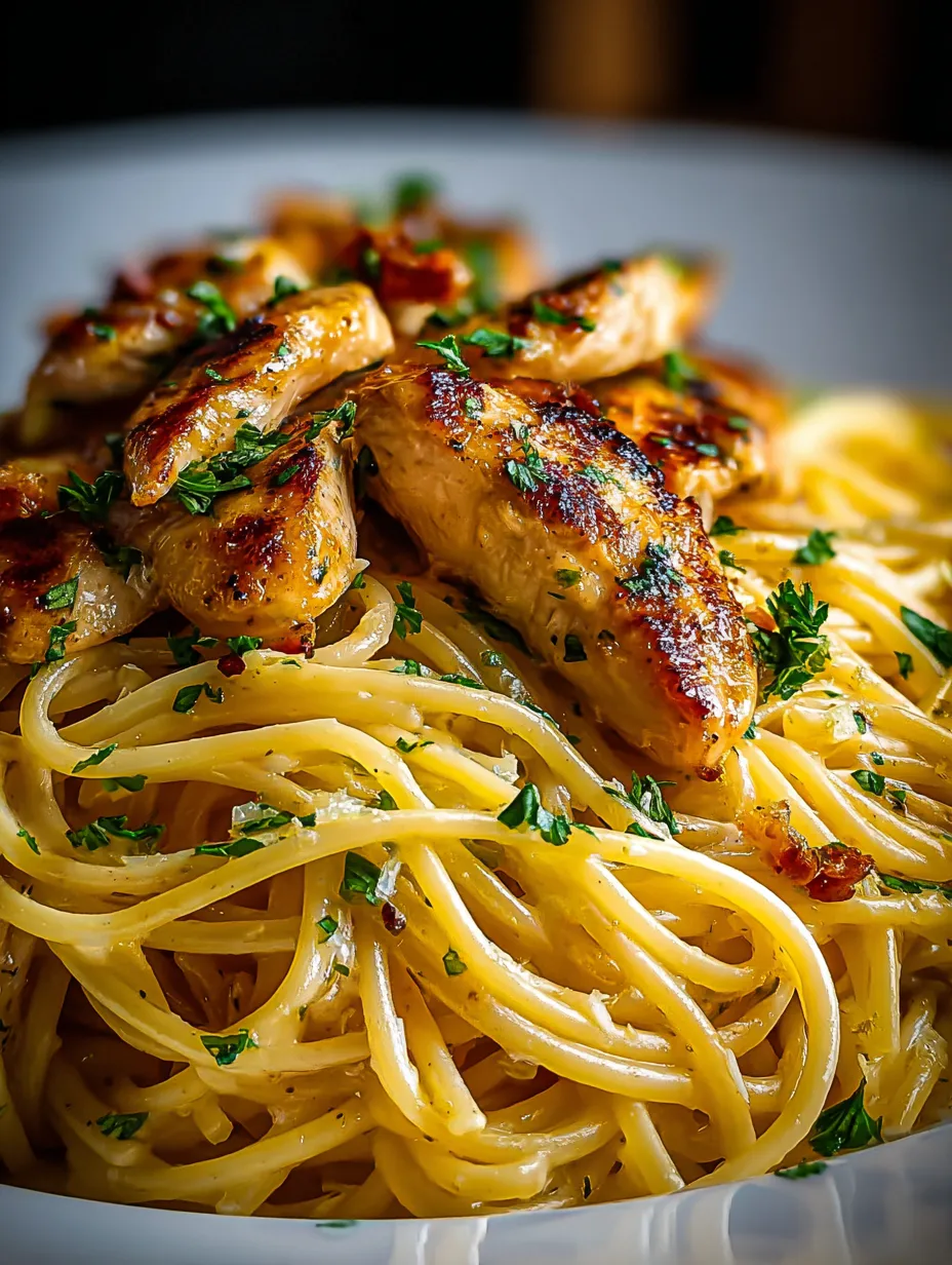 A dish featuring chicken, pasta, and fresh herbs.