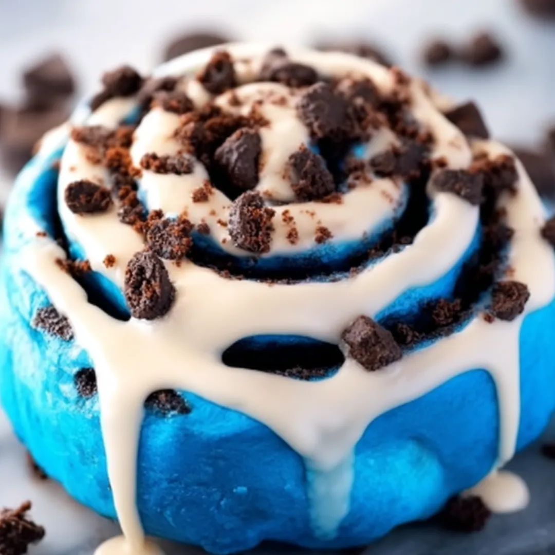 A cake with blue frosting, white icing, and pieces of chocolate chip scattered around.