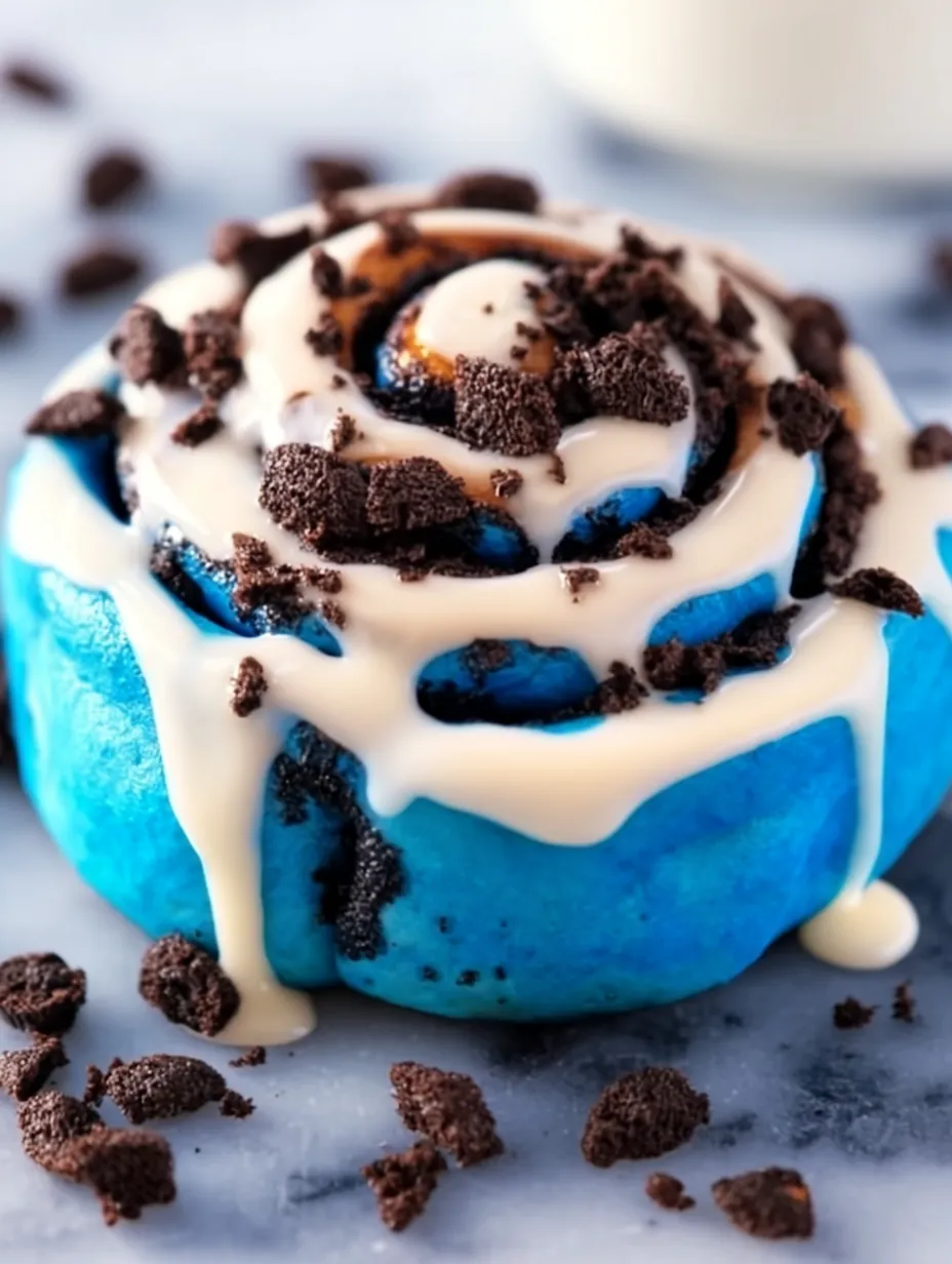 Blue cake with loads of chocolate chips on top.