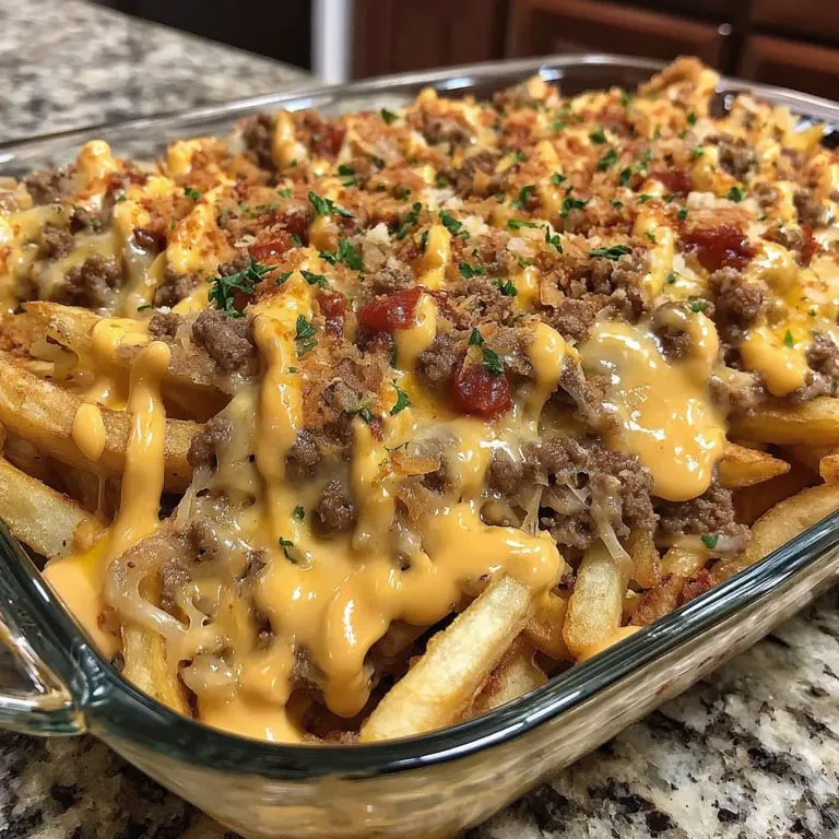 Chopped cheesy dish with tomato bits in a baking pan.