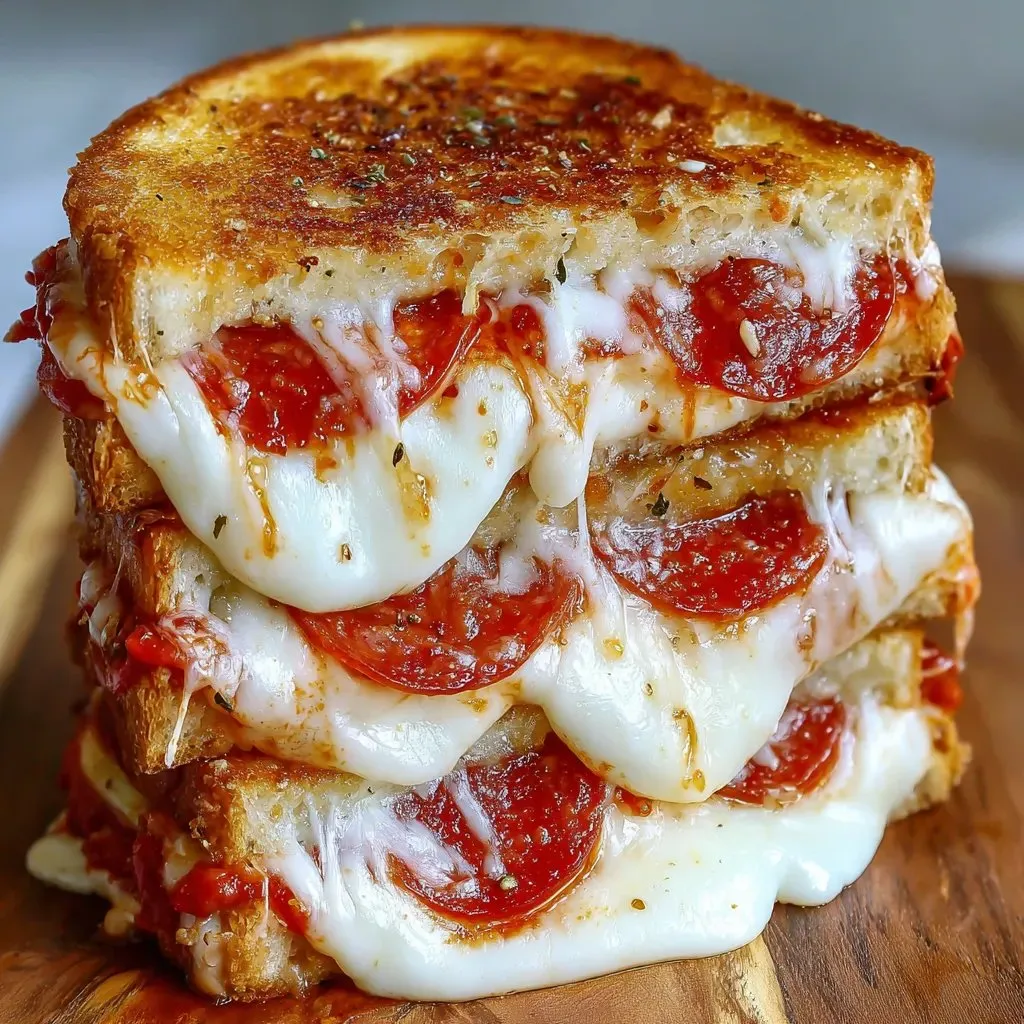Three grilled cheese sandwiches stacked on a plate.
