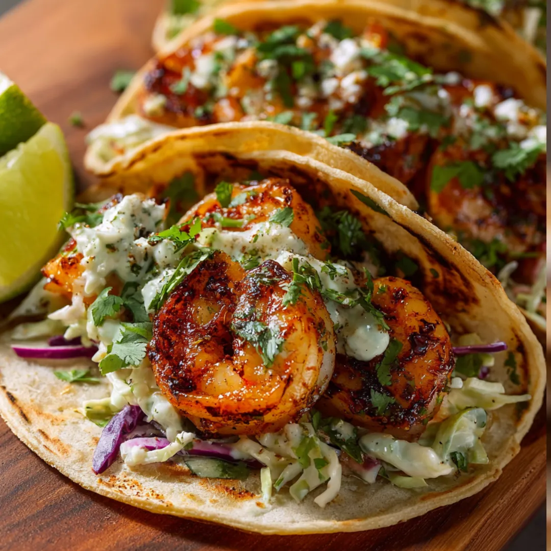 Shrimp with lime, slaw, and tortillas on a colorful plate.